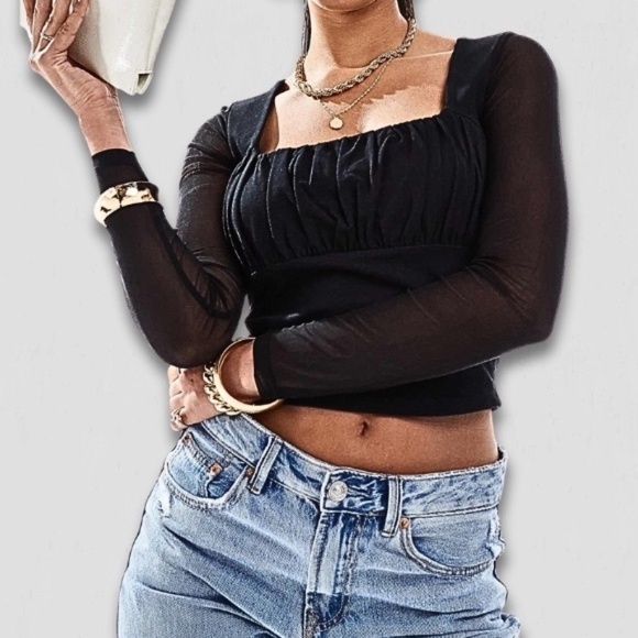 ASOS Design Black Mesh Long Sleeve Square Neck Top 22 - Picture 1 of 12